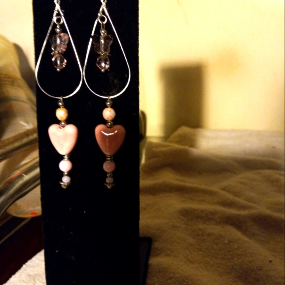 New handmade,one of a kind silver teardrop pierced earrings with dangling hearts